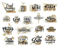 Coal mining industry tools and transport icons set vector