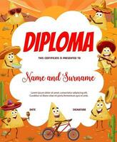 Kids diploma with mexican nachos characters frame vector