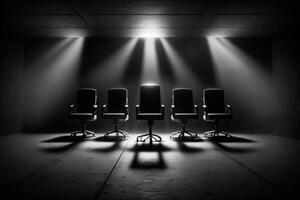 Several office chairs in a dark room are illuminated by beams of studio volumetric light. The concept of teamwork, leadership, success, job vacancy. . photo