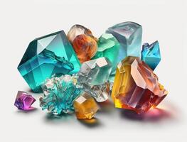 multicolor cristales y grande gemas en un blanco antecedentes. lujo fondo, Roca cuarzo, vaso prisma, tesoro. ai generado. foto