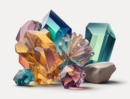Multicolored crystals and large gems on a white background. Luxury background, stone quartz, glass prism, treasure. . photo