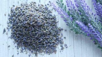 Homemade soap with dried lavender on table with copy space video