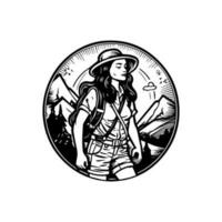 A woman hiker with a backpack standing on a peak with the sun setting in the background for a hiking logo design vector