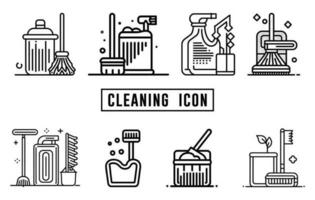limpieza arte lineal iconos, limpieza íconos colocar, limpieza icono vector manojo, limpieza herramientas colección