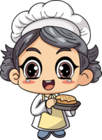 Happy female chef character holding food illustration in doodle style png