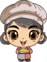 Happy female chef character holding food illustration in doodle style png