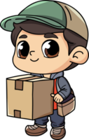 Happy delivery man with package box character illustration in doodle style png