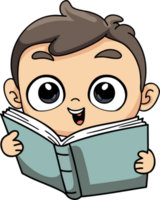 happy boy reading a book illustration in doodle style png