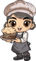 Happy female chef character holding food illustration in doodle style png