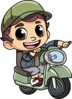 Happy delivery man with scooter character illustration in doodle style png