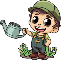 Happy male Farmer with a watering can character illustration in doodle style png