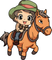 Happy farmer woman riding a horse character illustration in doodle style png