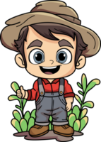 Happy farmer man working hard character illustration in doodle style png