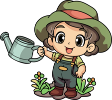 Happy female Farmer with a watering can character illustration in doodle style png