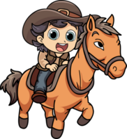 Happy farmer woman riding a horse character illustration in doodle style png