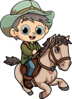 Happy farmer man riding a horse character illustration in doodle style png