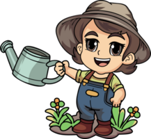 Happy female Farmer with a watering can character illustration in doodle style png