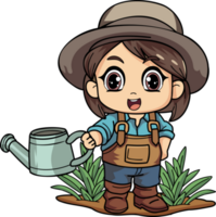 Happy female Farmer with a watering can character illustration in doodle style png