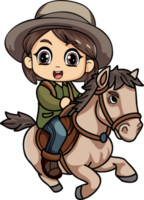 feliz agricultor mulher equitação uma cavalo personagem ilustração dentro rabisco estilo png