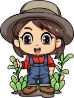 feliz fêmea agricultor trabalhando Difícil personagem ilustração dentro rabisco estilo png