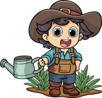 Happy female farmer working hard character illustration in doodle style png