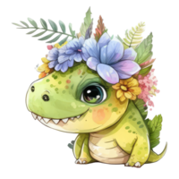 fofa dinossauro com flor, aguarela . ai gerado png