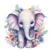 cute baby elephant watercolor with colorful flowers . png