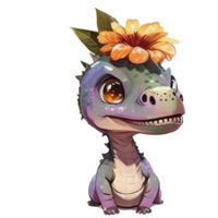 mignonne dinosaure avec fleur, aquarelle. ai généré png