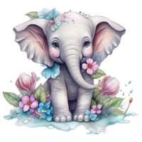 mignonne bébé l'éléphant aquarelle avec coloré fleurs . ai généré png