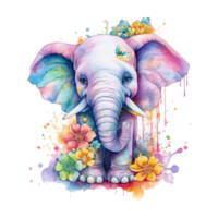cute baby elephant watercolor with colorful flowers . png