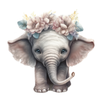 söt bebis elefant vattenfärg med färgrik blommor . ai genererad png