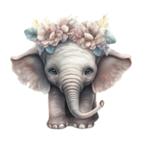 mignonne bébé l'éléphant aquarelle avec coloré fleurs . ai généré png