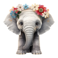 mignonne bébé l'éléphant aquarelle avec coloré fleurs . ai généré png