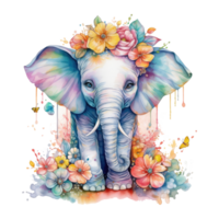 söt bebis elefant vattenfärg med färgrik blommor . ai genererad png