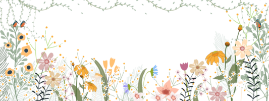 Primavera flores fronteira, ilustração horizontal pano de fundo do fofa florescendo flora quadro, plano Projeto do lindo botânico para mãe dia bandeira png