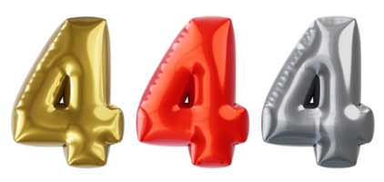 Balloon number 4, red golden silver Realistic 3D png