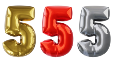 Balloon number 5, red golden silver Realistic 3D png