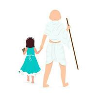 Back View Of Mahatma Gandhi Standing With Girl Character On White Background. vector