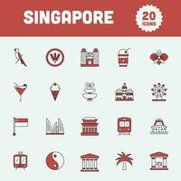 Flat Style Singapore 20 Icon Set In Brown And White Color. vector