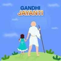 espalda ver de mahatma Gandhi con niña personaje en azul y verde antecedentes para Gandhi Jayanti concepto. vector