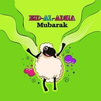 Eid Al Adha Mubarak Font With Cheerful Sheep On Green Wavy Background. vector