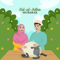 Eid Al Adha Mubarak Poster Design With Cheerful Islamic Young Couple Holding Sheep And Tree On Blue Background. vector