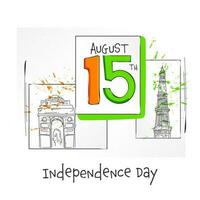 15th August Text With Sketching Famous Monument On White Background For Independence Day Concept. vector