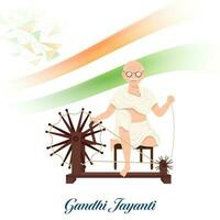 Gandhi Jayanti Concept With Mahatma Gandhi Spinning Charkha And Indian Flag Ribbon On White Background. vector