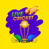 Live Cricket Concept With Two Helmets Of Participate Teams, Golden Trophy Cup, Flaming Ball On Blue And Yellow Background. vector