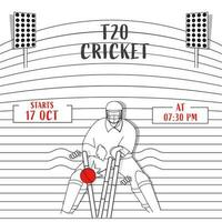 T20 Cricket Poster Design With Line Art Wicket Keeper Hit Ball To Stumps On Stripe Pattern Stadium Background. vector