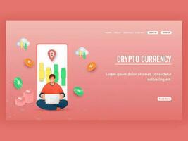 Crypto Currency Landing Page Design With Employee Working At Laptop, Slider In Smartphone Screen And Crypto Coins. vector