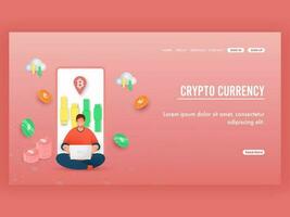 Crypto Currency Landing Page Design With Employee Working At Laptop, Slider In Smartphone Screen And Crypto Coins. vector