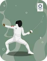 Human Wear Fencing Suit Practicing With Sword Against Green Background. vector