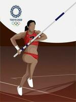 Athlete Woman Running With Pole Vault On Brown And White Background For Tokyo 2020 Concept. vector